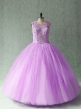  Scoop Sleeveless 15 Quinceanera Dress Floor Length Beading Lilac Tulle