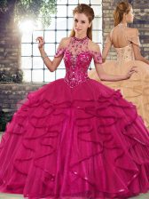 Pretty Sleeveless Floor Length Beading and Ruffles Lace Up Ball Gown Prom Dress with Fuchsia