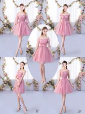  Pink A-line V-neck Half Sleeves Tulle Mini Length Lace Up Appliques and Belt Quinceanera Court Dresses