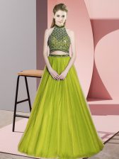 Fabulous Sleeveless Floor Length Beading Backless Prom Gown with Olive Green