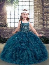  Teal Sleeveless Beading and Ruffles Floor Length Child Pageant Dress