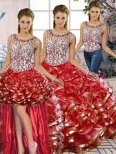Nice Red Sleeveless Beading and Ruffles Floor Length Vestidos de Quinceanera