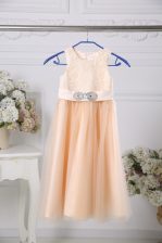  Lace and Belt Toddler Flower Girl Dress Peach Zipper Sleeveless Floor Length