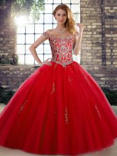  Ball Gowns Quinceanera Dresses Red Off The Shoulder Tulle Sleeveless Floor Length Lace Up