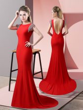  Elastic Woven Satin Short Sleeves Prom Dress Brush Train and Beading