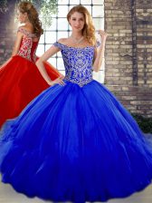 Elegant Royal Blue Lace Up 15 Quinceanera Dress Beading and Ruffles Sleeveless Floor Length