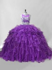 Graceful Purple Organza Zipper Scoop Sleeveless Sweet 16 Quinceanera Dress Brush Train Beading and Ruffles
