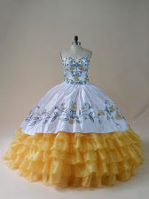 Fitting Floor Length Yellow And White Vestidos de Quinceanera Sweetheart Sleeveless Lace Up