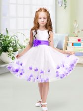  White A-line Appliques and Belt Flower Girl Dress Zipper Tulle Sleeveless Knee Length