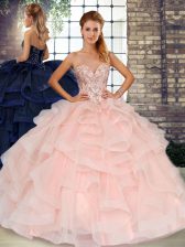  Sweetheart Sleeveless Sweet 16 Dress Floor Length Beading and Ruffles Baby Pink Tulle