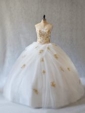 Decent Tulle Sweetheart Sleeveless Brush Train Lace Up Appliques 15 Quinceanera Dress in White