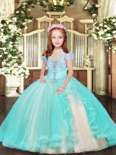  Aqua Blue Sleeveless Beading Floor Length Girls Pageant Dresses