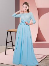 Fashion Baby Blue Side Zipper Scoop Lace and Belt Dama Dress Chiffon 3 4 Length Sleeve