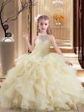 Superior Light Yellow Kids Formal Wear Tulle Brush Train Sleeveless Beading and Ruffles