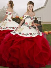 Custom Fit White And Red Sleeveless Tulle Lace Up Quinceanera Dress for Military Ball and Sweet 16 and Quinceanera