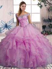 Simple Lilac Lace Up Off The Shoulder Beading and Ruffles Quinceanera Gown Organza Sleeveless
