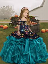 Dazzling Teal Ball Gowns Straps Sleeveless Organza Floor Length Lace Up Embroidery and Ruffles Pageant Dress for Womens