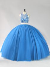 New Style Strapless Sleeveless Backless 15th Birthday Dress Blue Tulle