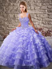 Cheap Lace Up Quinceanera Gown Lavender for Sweet 16 and Quinceanera with Beading and Ruffled Layers Court Train