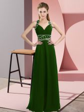  Chiffon Straps Sleeveless Backless Beading Prom Party Dress in Olive Green