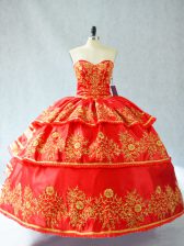 Sumptuous Floor Length Red Ball Gown Prom Dress Satin and Organza Sleeveless Embroidery and Ruffled Layers