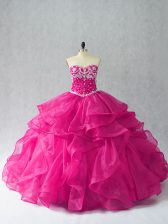 Fabulous Fuchsia Sleeveless Beading and Ruffles Floor Length Quince Ball Gowns