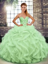 Colorful Sleeveless Floor Length Beading and Ruffles Lace Up Vestidos de Quinceanera with Apple Green