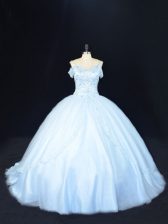 Eye-catching Blue Off The Shoulder Neckline Beading Ball Gown Prom Dress Sleeveless Lace Up