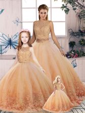 Best Selling Lace Vestidos de Quinceanera Peach Backless Sleeveless Sweep Train