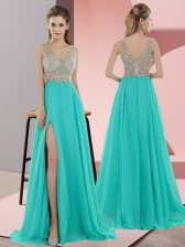 Admirable Turquoise Empire Chiffon V-neck Sleeveless Beading Zipper Evening Dress Sweep Train