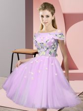 Pretty Knee Length Lilac Vestidos de Damas Tulle Short Sleeves Appliques
