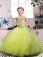 Fashionable Yellow Green Off The Shoulder Neckline Beading Pageant Dress Sleeveless Side Zipper