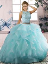  Scoop Sleeveless Zipper Quinceanera Gown Aqua Blue Tulle