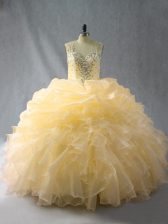  Gold Organza Zipper Sweet 16 Dresses Sleeveless Floor Length Beading and Ruffles