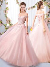 Eye-catching Pink Sleeveless Tulle Lace Up Damas Dress for Wedding Party