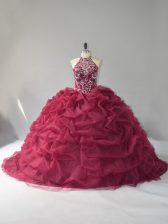 Vintage Burgundy 15th Birthday Dress Organza Court Train Sleeveless Beading and Pick Ups