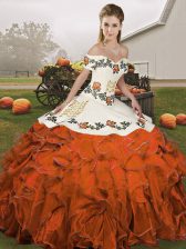  Embroidery and Ruffles Ball Gown Prom Dress Rust Red Lace Up Sleeveless Floor Length