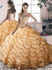 Fantastic Sleeveless Brush Train Lace Up Beading and Ruffled Layers 15 Quinceanera Dress