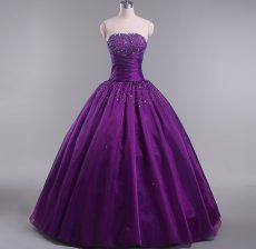 Beautiful Eggplant Purple Strapless Neckline Beading and Ruching Sweet 16 Quinceanera Dress Sleeveless Lace Up