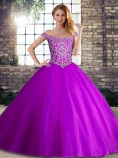 High End Purple Sleeveless Brush Train Beading 15 Quinceanera Dress