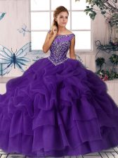  Organza Sleeveless 15 Quinceanera Dress Brush Train and Beading and Pick Ups