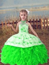 Sweet Sleeveless Organza Floor Length Lace Up Kids Pageant Dress in Green with Beading and Embroidery and Ruffles