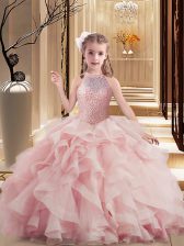 Lovely Pink Scoop Lace Up Beading and Ruffles Winning Pageant Gowns Sleeveless