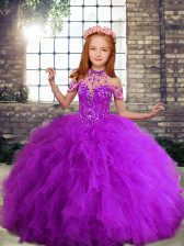 Hot Selling Tulle Sleeveless Floor Length Pageant Dress Toddler and Beading and Ruffles