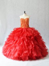  Red Sweetheart Neckline Beading and Ruffles Quince Ball Gowns Sleeveless Lace Up