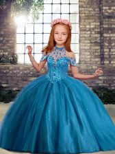 Floor Length Blue Pageant Dresses Tulle Sleeveless Beading
