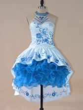 Vintage Blue Satin and Organza Lace Up Halter Top Sleeveless High Low Prom Dress Embroidery and Ruffles