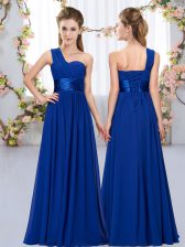  Royal Blue Empire One Shoulder Sleeveless Chiffon Floor Length Lace Up Belt Quinceanera Court Dresses