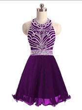 Captivating Eggplant Purple Halter Top Neckline Beading Dress for Prom Sleeveless Lace Up