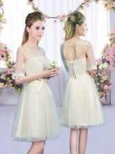 Fancy Mini Length Empire Half Sleeves Champagne Quinceanera Dama Dress Lace Up
